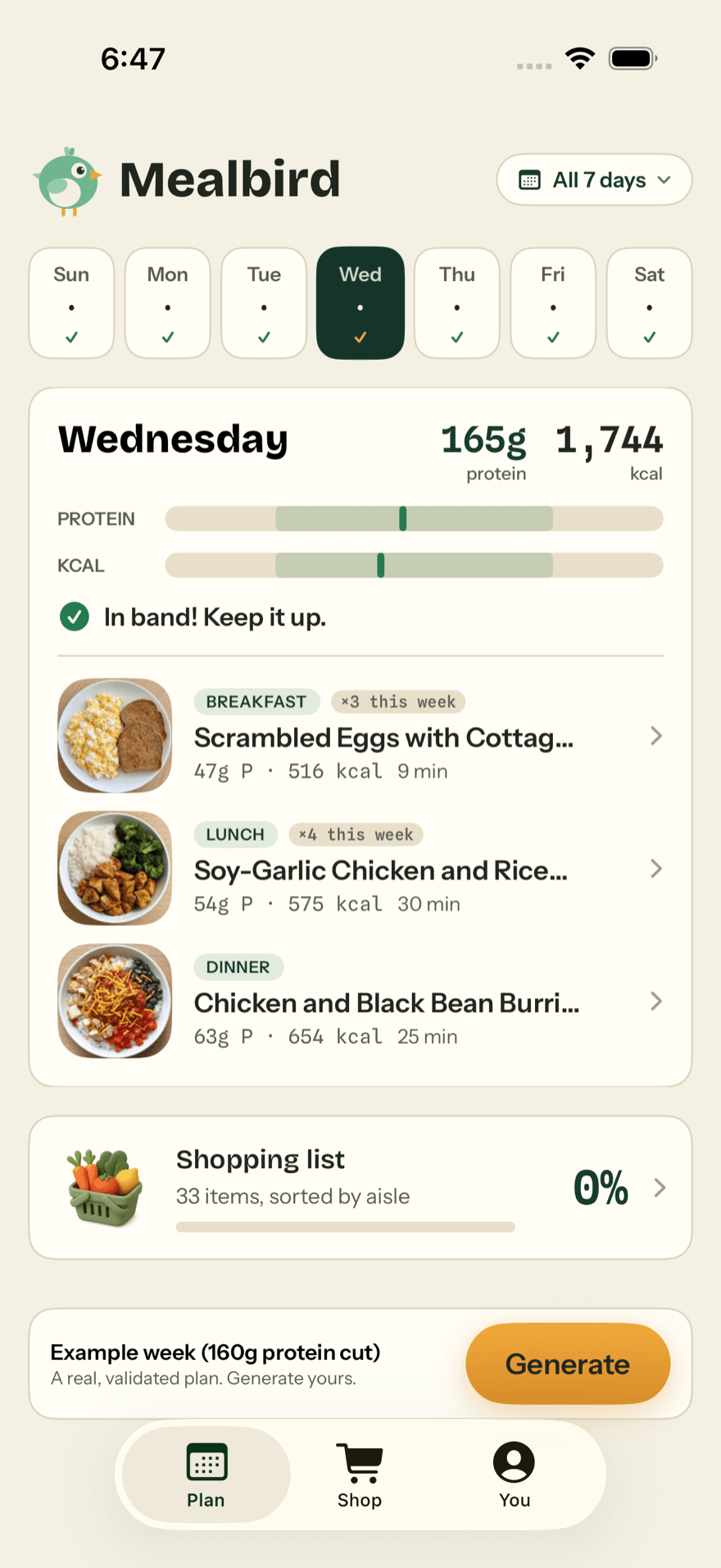 Wednesday’s plan: 165g protein and 1,744 kcal, marked in band, with three meals shown as photos with their protein, calories and cook time