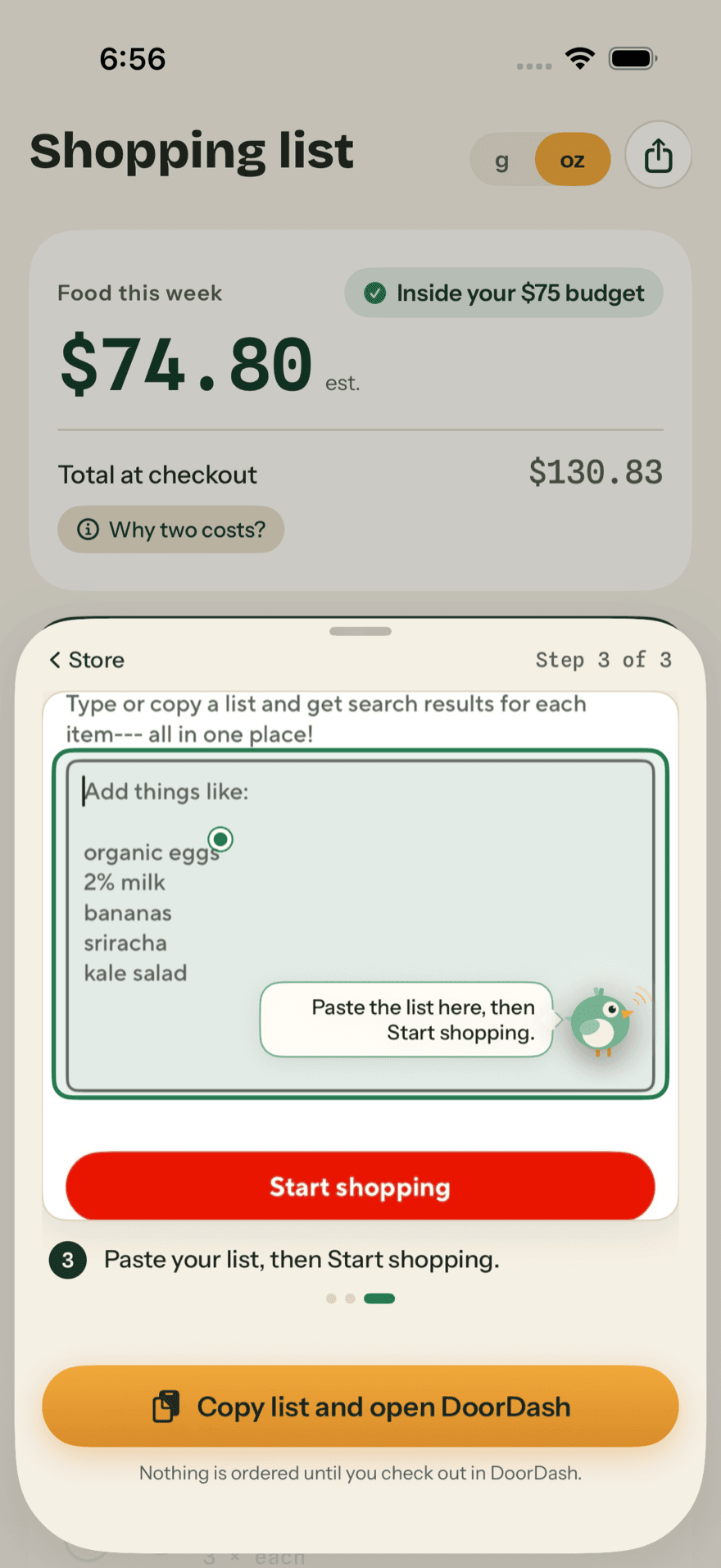 Step 3 of 3 of the walkthrough: DoorDash’s own list box, the Mealbird bird pointing at it with “Paste the list here, then Start shopping”, and underneath the button “Copy list and open DoorDash” with the line “Nothing is ordered until you check out in DoorDash”