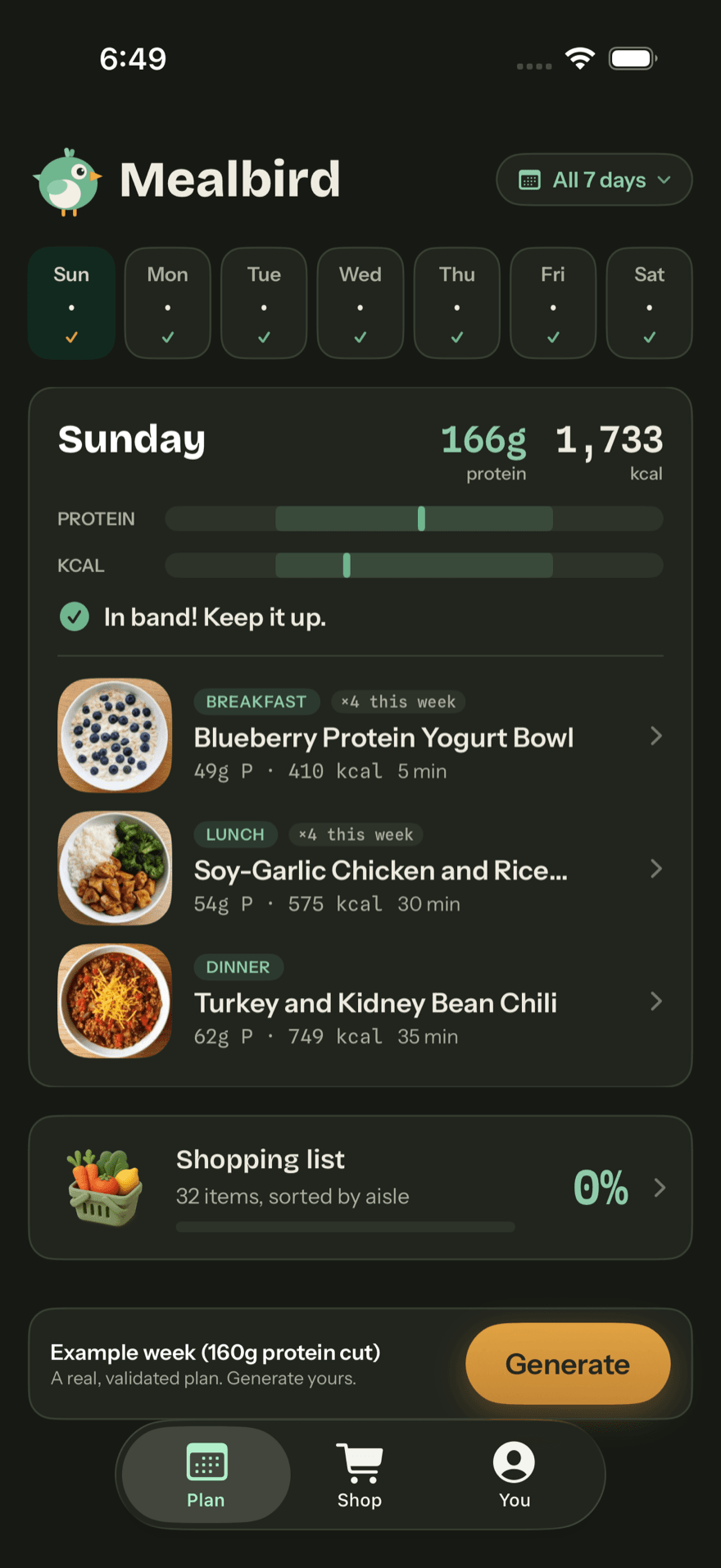 The Mealbird home screen in dark mode: the same week strip of checked days and Sunday’s validated meals