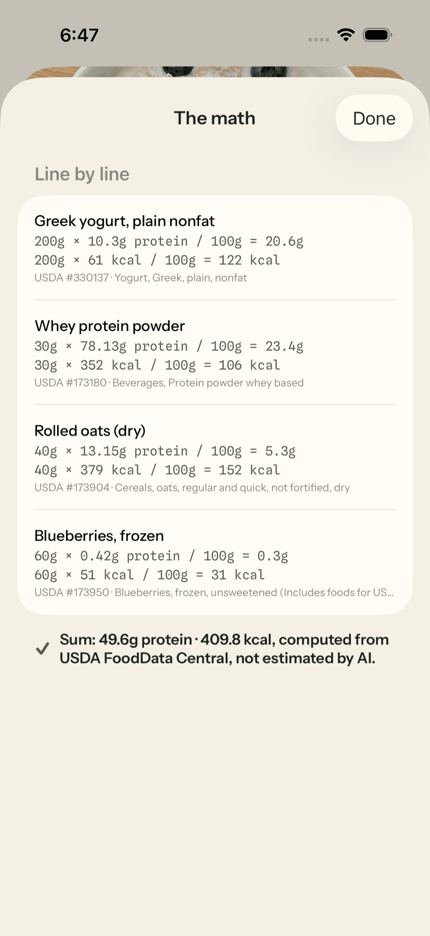 The math sheet: each ingredient’s protein and calories computed line by line from its USDA FoodData Central record, summing to 49.6g protein and 409.8 kcal