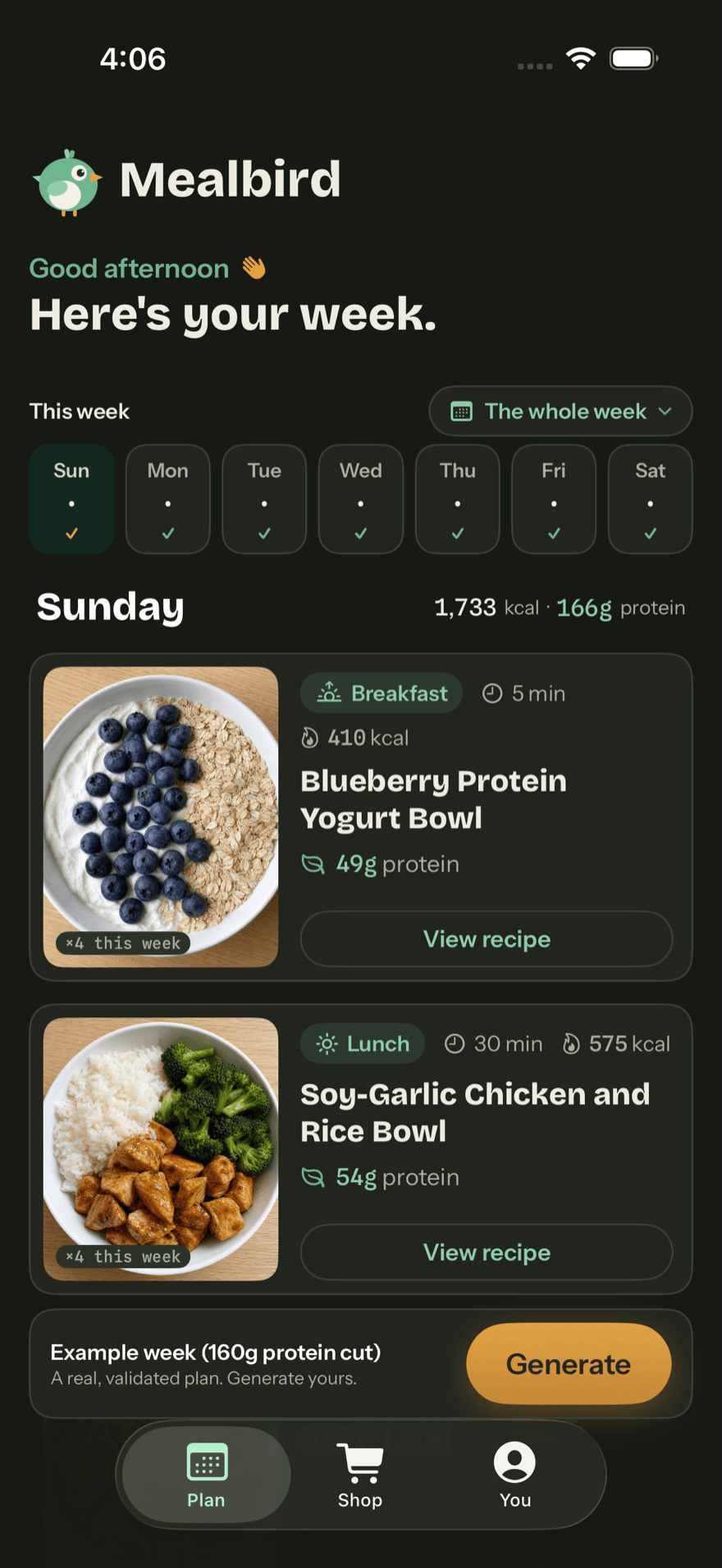 The Mealbird plan screen in dark mode: “Good afternoon. Here’s your week.”, seven checked days, and Sunday at 1,733 kcal and 166g protein