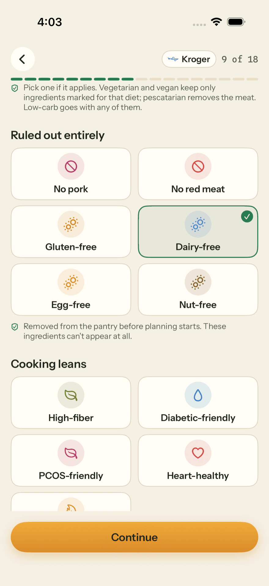 Ruled out entirely: no pork, no red meat, gluten-free, dairy-free (chosen), egg-free, nut-free