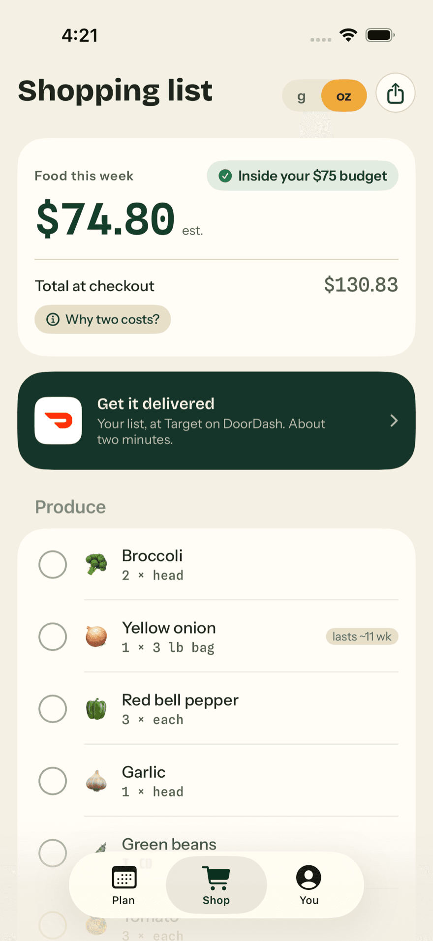 The “Get it delivered” card on a US shopping list: your list, at Target on DoorDash, about two minutes