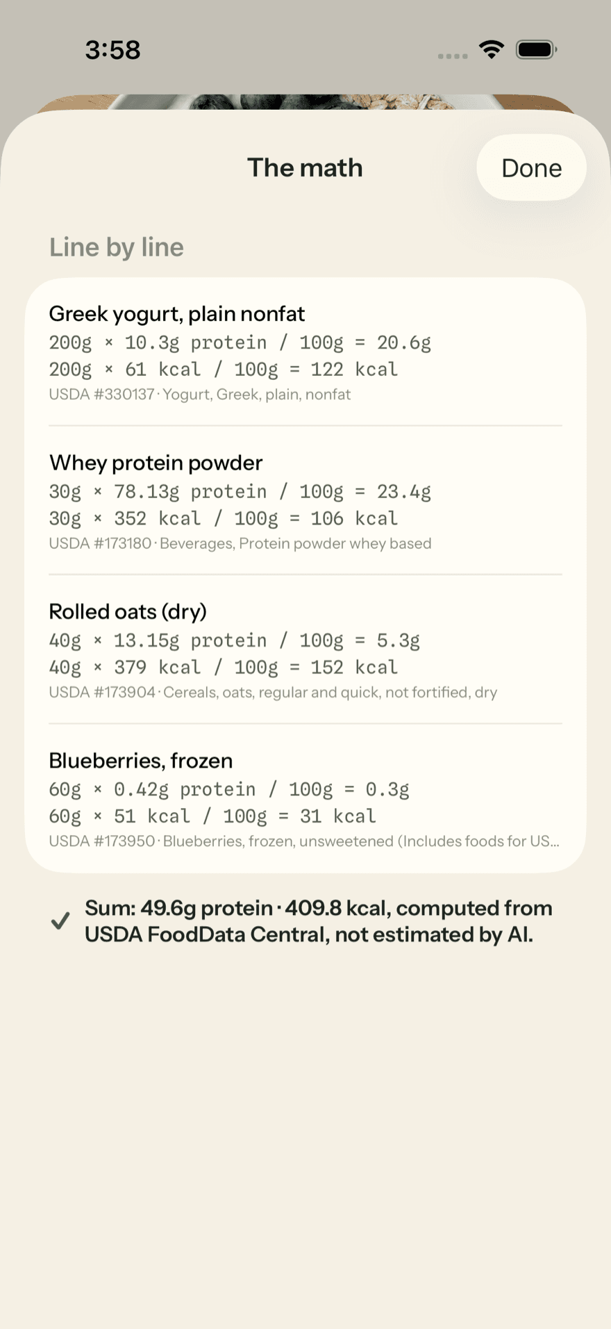 The math sheet: Greek yogurt, 200g × 10.3g protein per 100g = 20.6g; whey, oats and blueberries the same way, each with its USDA record number, summing to 49.6g protein and 409.8 kcal