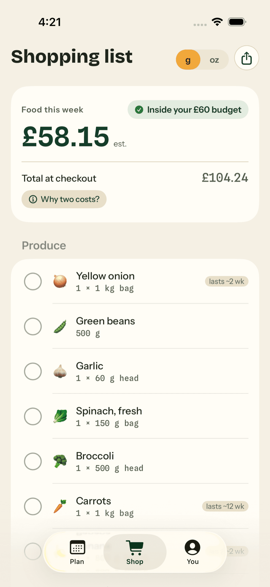 The shopping list for a UK week: £58.15 estimated for this week’s food, inside a £60 budget, £104.24 at checkout, and the produce aisle with pack sizes: a 1 kg bag of onions that lasts about 2 weeks, 500 g green beans, a head of garlic