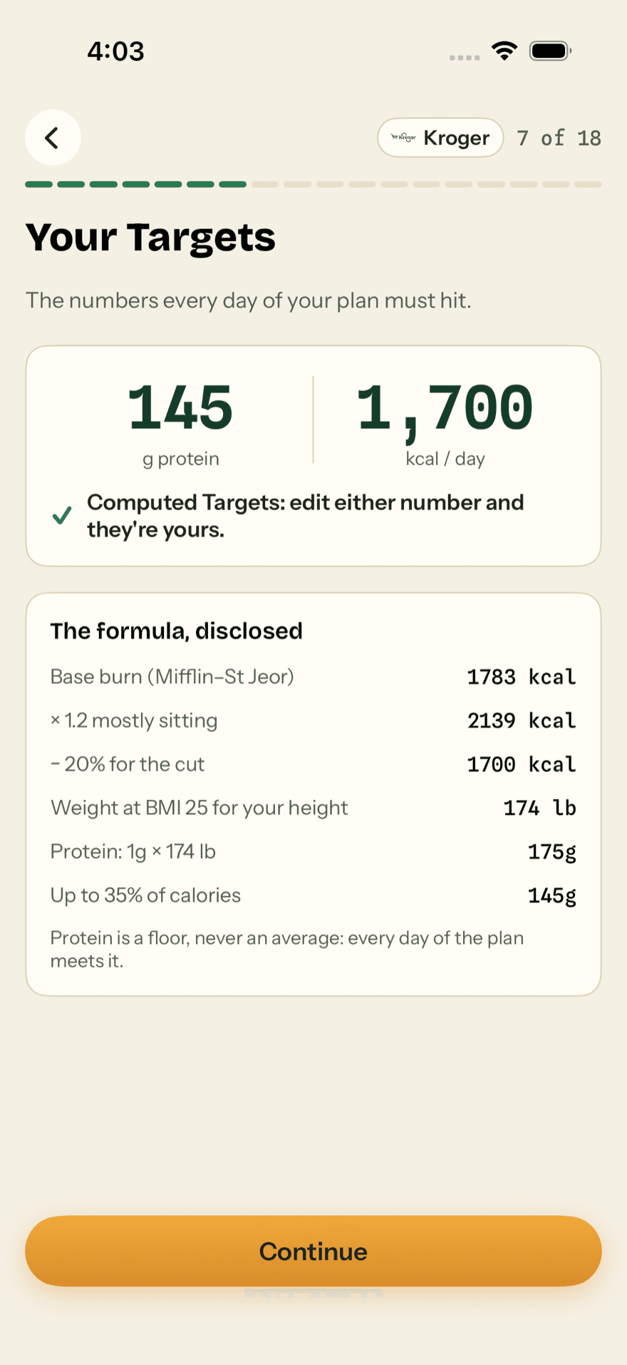 The formula, disclosed: base burn (Mifflin–St Jeor) 1783 kcal, × 1.2 mostly sitting 2139 kcal, − 20% for the cut 1700 kcal, weight at BMI 25 for your height 174 lb, protein 1g × 174 lb 175g, up to 35% of calories 145g